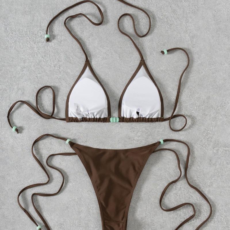 2026 New Bikini Solid Color Beaded Straps Sexy Split Bikini Swimsuit Swimsuit Women