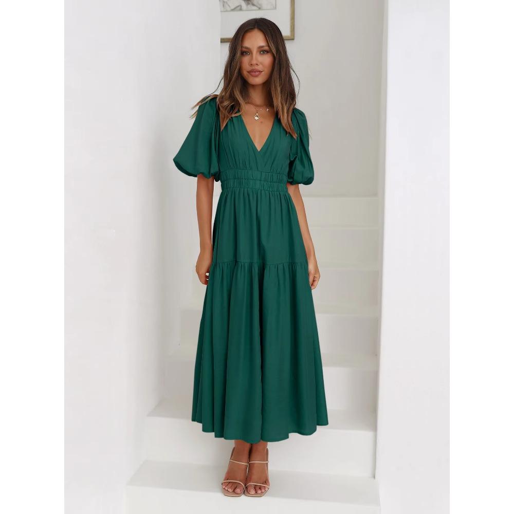 Mote Damer Sommer Vintage Kjole Kvinner Lanternermer Volanger Casual Kjole V-hals Høy Midje Sexy Selskap Midi Strandkjoler