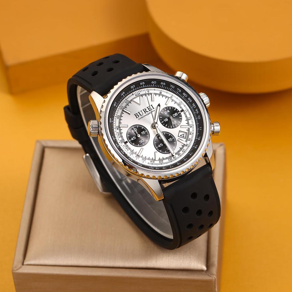 BUREI Men's Quartz Chronograph Watch, Waterproof, Analog, Date Display, Urethane Strap, SilverBlack, Gift for Men