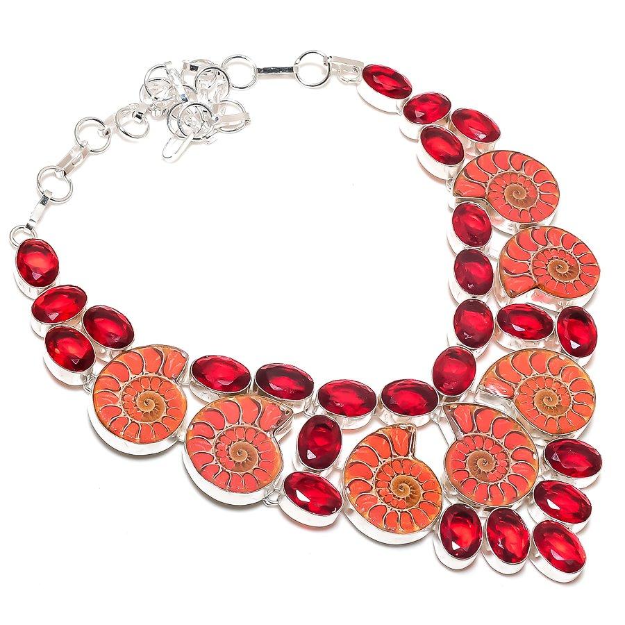 Ammonite Fossil, Garnet Gemstone 925 Sterling Silver Jewelry Necklace 18"