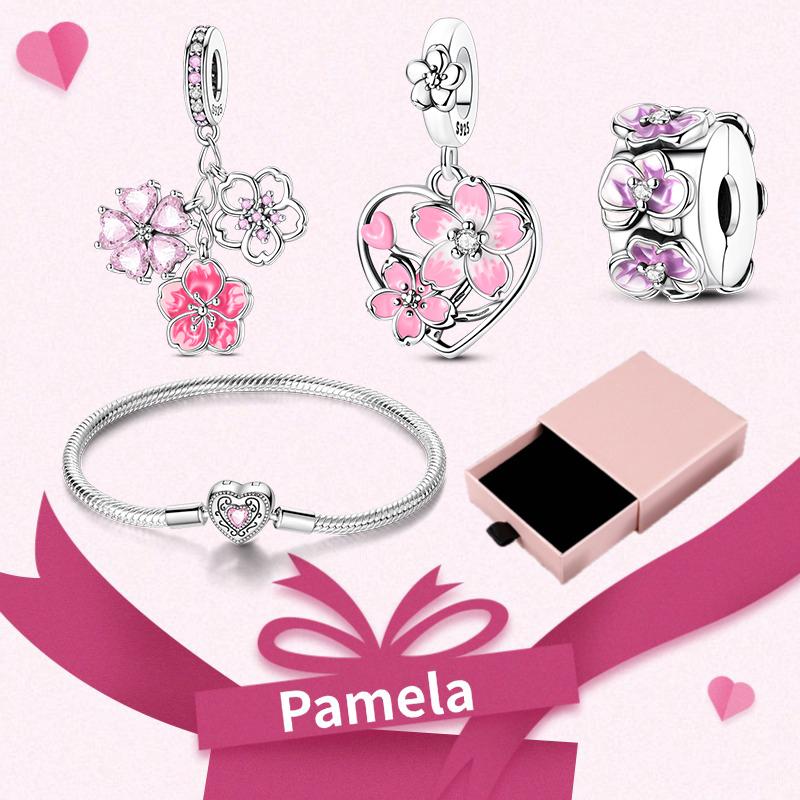 Pink Heart Charm Set 925 Original Silver Charms Bracelet With Gift Box For Women Wedding Anniversary Jewelry Gift 4pcs/lot