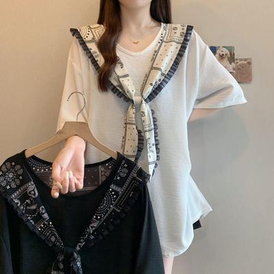 Wrinkled Ice Silk Plus Size Tie-Up Shawl T-Shirt: Women's Loose Short-Sleeve Slimming Summer Top