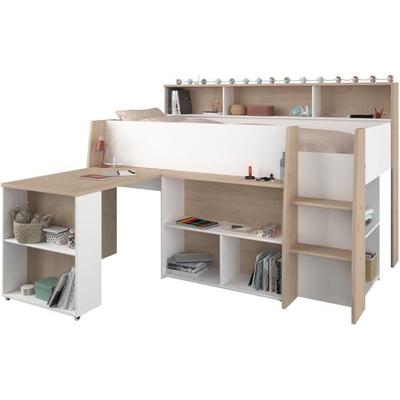 PARISOT Kinder-Kombibett mit ausziehbarem Schreibtisch - Weiß- und Eichendekor - 90x200 cm - Inklusive Lattenrost - THEO