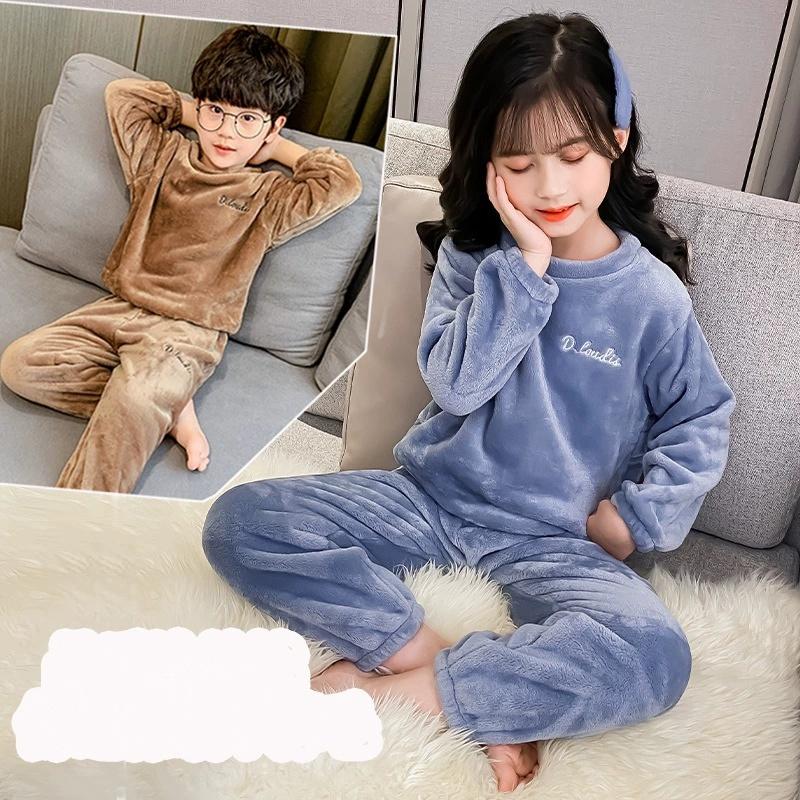 Children's Adult Flannel Pajamas Set Coral Fleece Baby Boys and Girls Middle-aged Children's Autumn and Winter Home Service Two-piece Suit