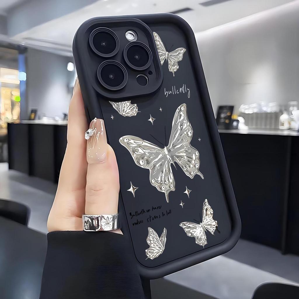 Silver Butterfly Diamond Cross iPhone 15/16/17 Case - Black Groove Sky Eye Design