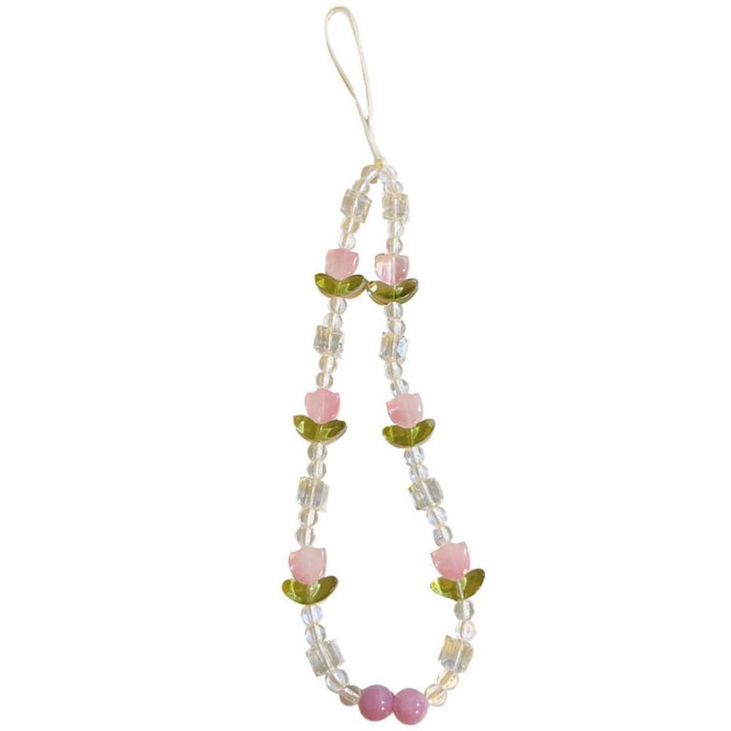 Upgrades Beaded Phone Chain Strap with Pearl & Flower Charms Wrist Keychain Wallent Pendant Comfortable for Women & Girl