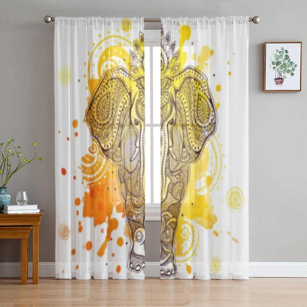 Elephant Hand Drawn Indian Style Sheer Curtains For Bedroom Living Room Tulle Curtains For Kitchen Window Voile Curtains