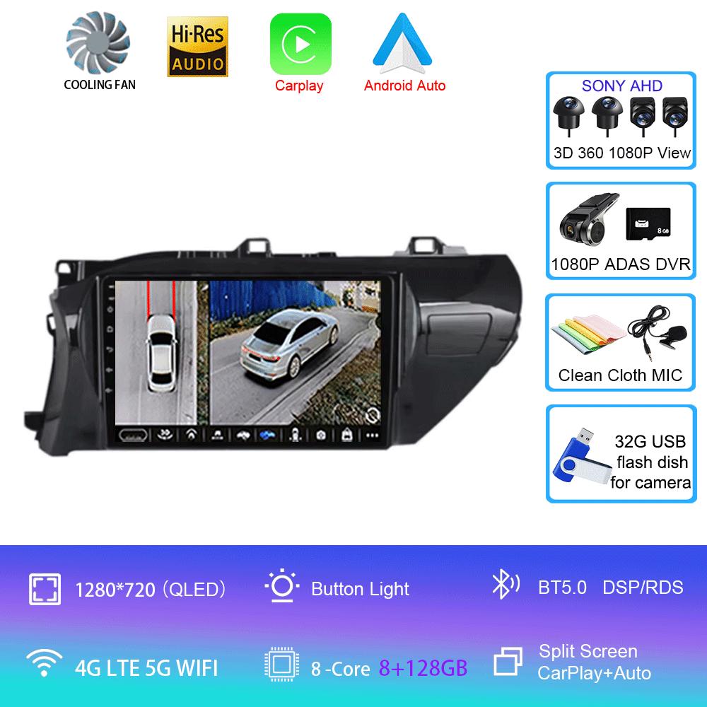 For Toyota Hilux 2016 2017 2018 Car Radio Android 14 Carplay Auto 2K Screen Multimedia Player 2din Autoradio Stereo Head Unit