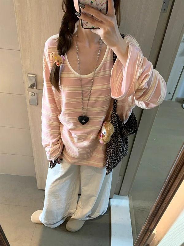 

Женская футболка с длинным рукавом свободного кроя в полоску с цветными блоками - Весна 2025 Свободный Шикарный Стиль L розовый