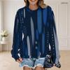 Women Plus Size Round Neck Long Sleeve Ribbed Cuffs Blue Black Printed Sweatshirt Pullover