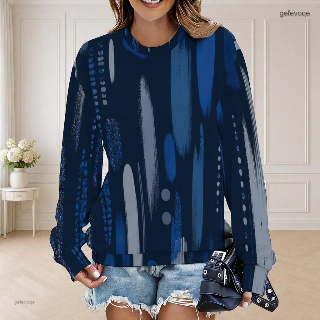 Women Plus Size Round Neck Long Sleeve Ribbed Cuffs Blue Black Printed Sweatshirt Pullover