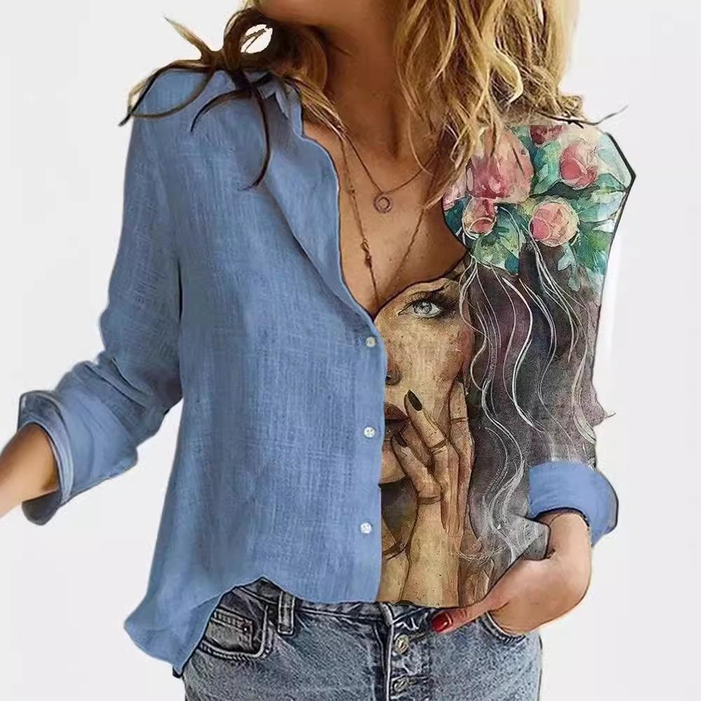 

European Style Print Blouse Women Spring and Fall Loose Fit Plus Size Long Sleeve Cardigan Summer XL синий