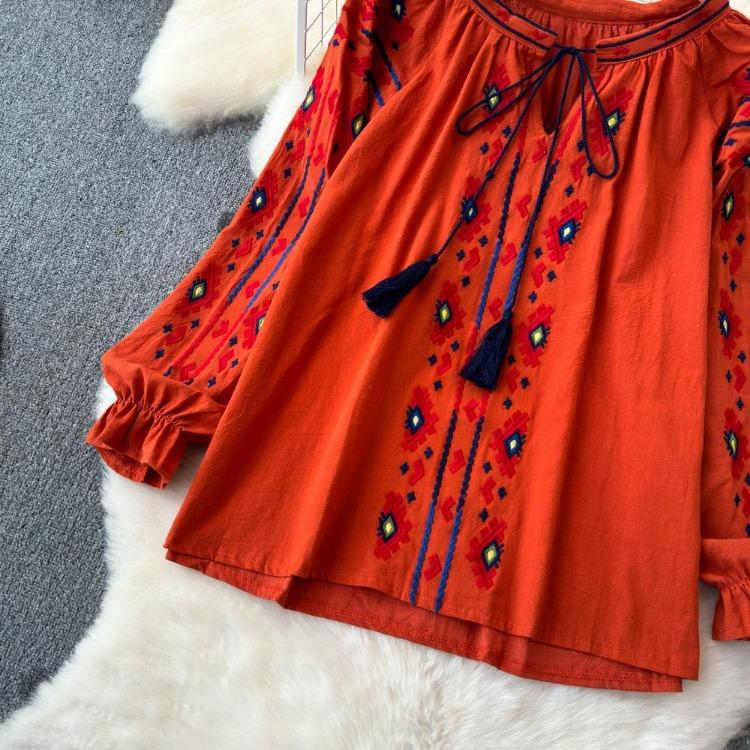 Summer Vintage Women Blouse Embroidered Puff Sleeve Color Block Ethnic Style Camisa Feminina Casual Tops