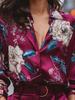 Bright floral print wine-red satin blouse suitable for date and vacation lady's shirt