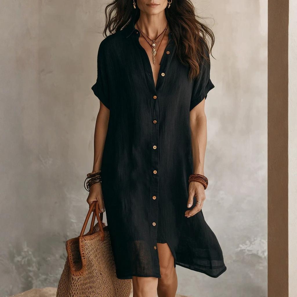 Loose Fit Button Down Shirt Dress Short Sleeve Casual Collar Design Lightweight Fabric Knee Length