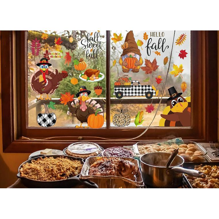 Thanksgiving Window Clings Double Sided Fall Leaves Autumn Window Clings for Glass Cute Turkey Gnome Autumn Window Stickers Fall Window Stickers Home