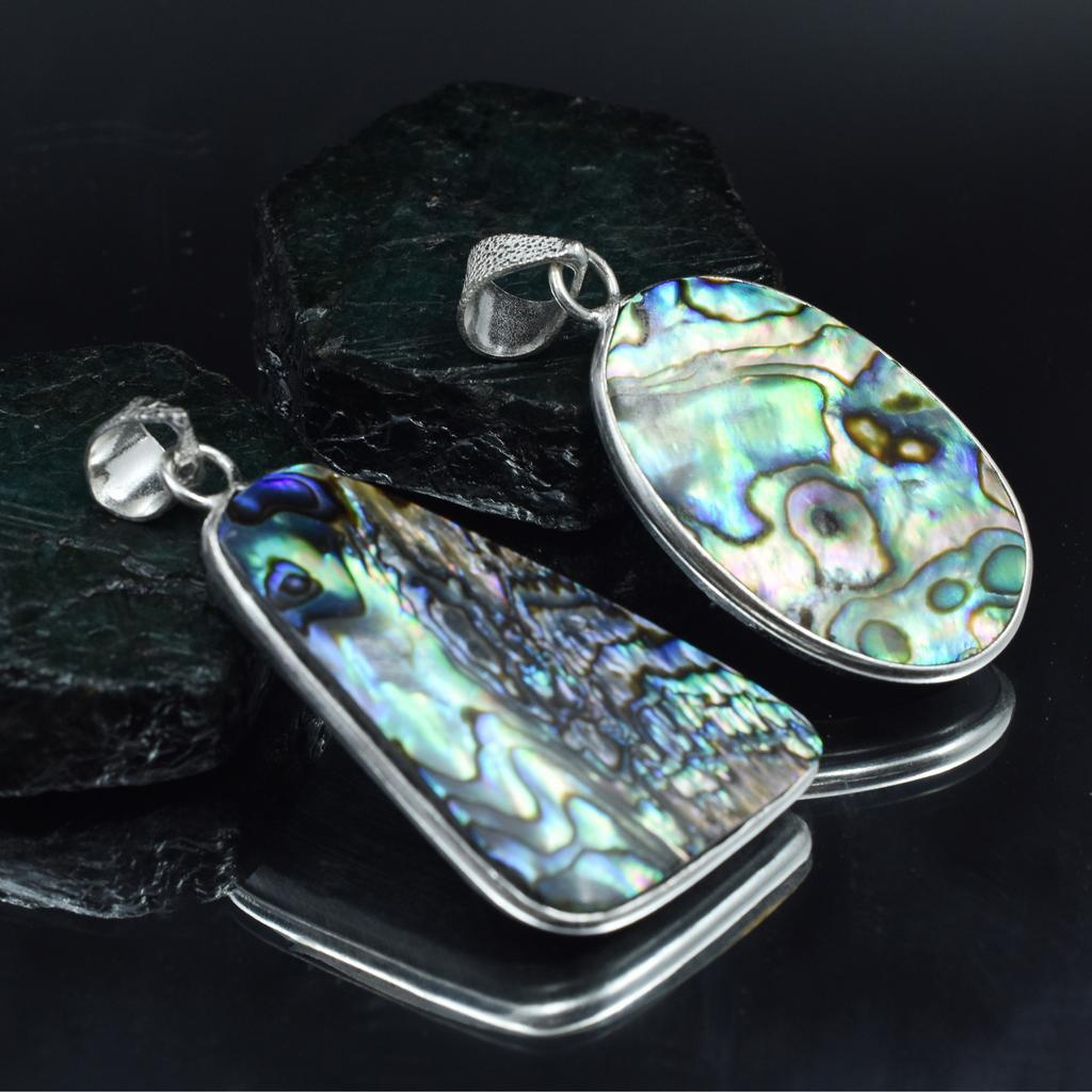 Oval-Pear Abalone Shell Gemstone 96.60 Ct Pair 925 Silver Pendant Healing Stone AR-1704-S