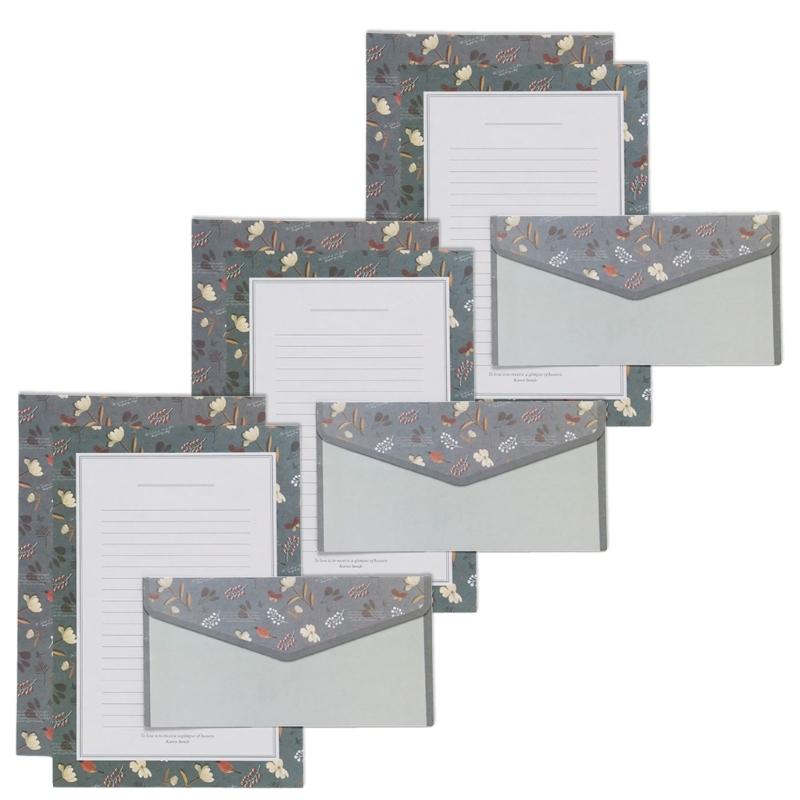 Vintage Blommigt Papper Brevpapper Set, 20 Delar Set (10 linjerade ark, 10 matchande kuvert), Brevstorlek 5,55x8,19 tum