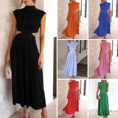 Lady Prom Dress Pleated Sleeveless Solid Color Stand Collar Hollow Out Dress-up Mid-calf Length Wedding Party Women Banquet Dress Female Clothing