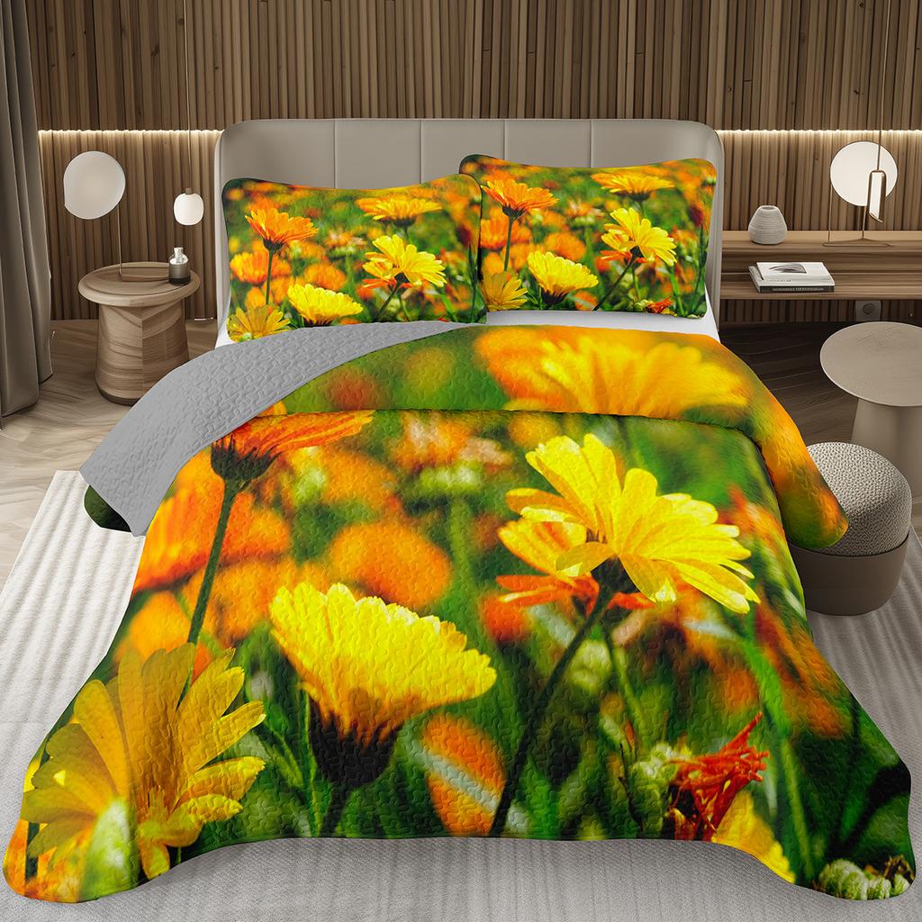 Spring Garden Flower Bedspread for Girls Teen Botanical Floral Coverlet Twin Queen Quilt Set Reversible Grey Quilted Bedding Set