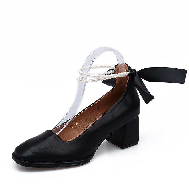 

Осень Новые Туфли на Толстом Каблуке Женские с Квадратным Носком и Мелким Вырезом Бант-Бабочка Нескользящие Износостойкие Низкие Туфли 40 чёрный