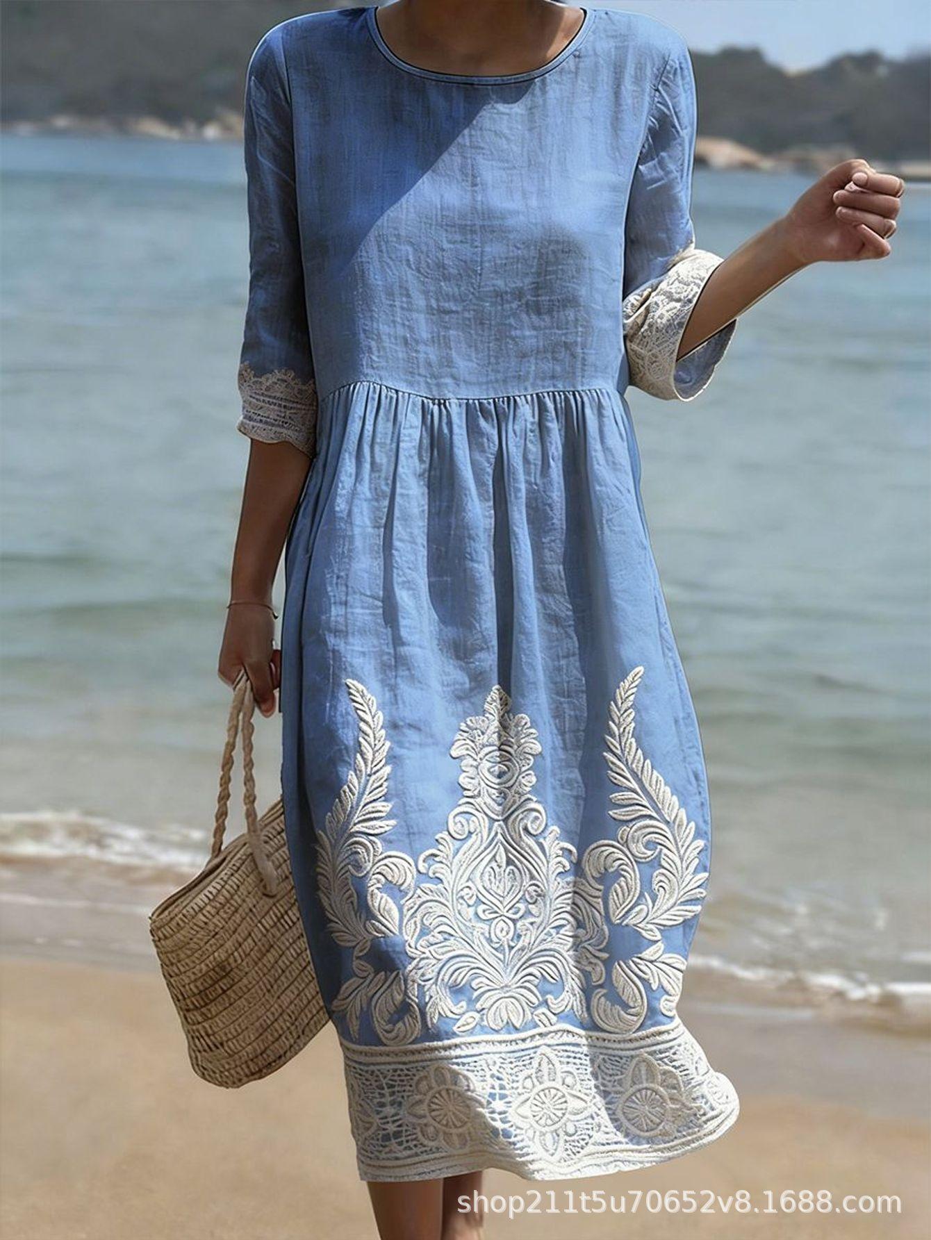 2026 New 3D European and American Cross-border Print Dress, Summer Loose A-Line Skirt, Beach Resort Style Long Skirt for Women S