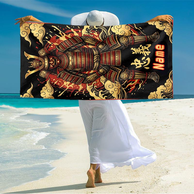 1PC Custom Name Samurai Warrior Spirit Beach Towel Highly Absorbent And Sand-Resistant Towel for Swimming, Pool, Yoga, And Travel Lightweight