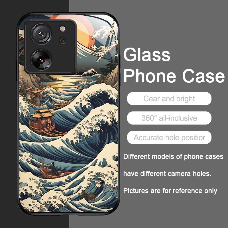 Tempered Glass Phone Case for Motorola Moto G85 G84 G75 G55 Edge 50 Fusion 40 Neo 30 Pro Japanese Ancient Structure Waves Cover