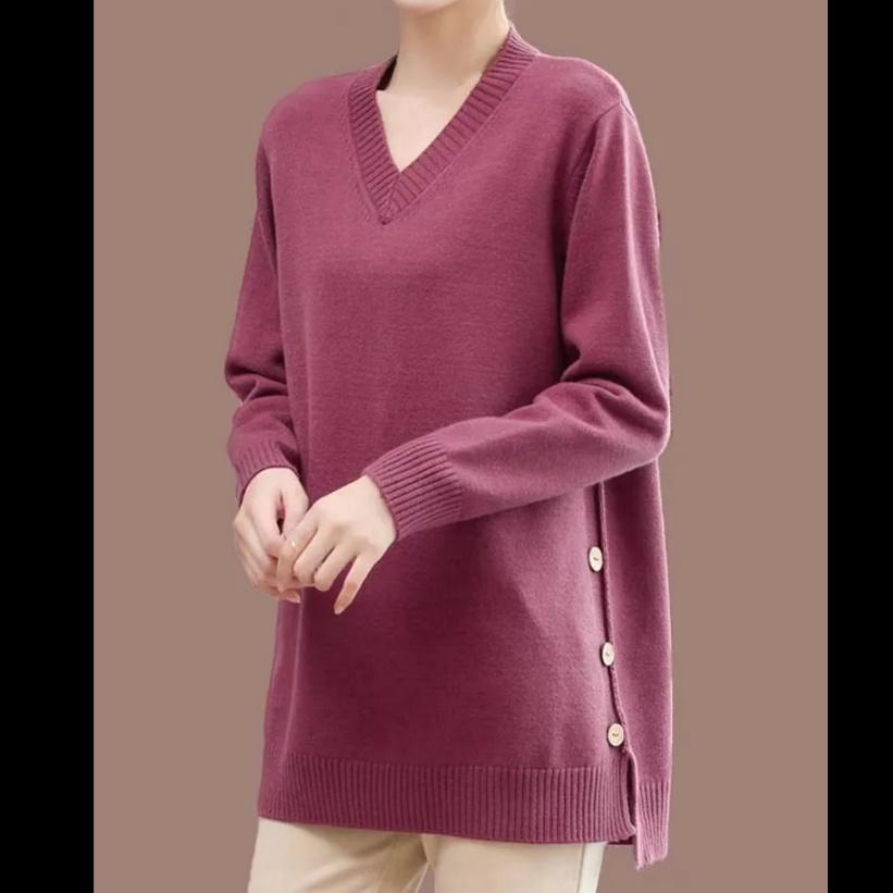 Autumn and Winter Plus Size V-neck Mid-length Bottoming Shirt Loose Solid Color Thick Knitted Sweater Women's Trend