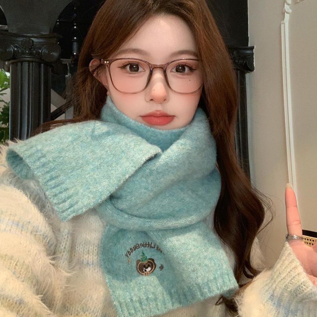 Japanese cute bear knitted scarf women's winter short thickened warm versatile blue wool small scarf neck protector