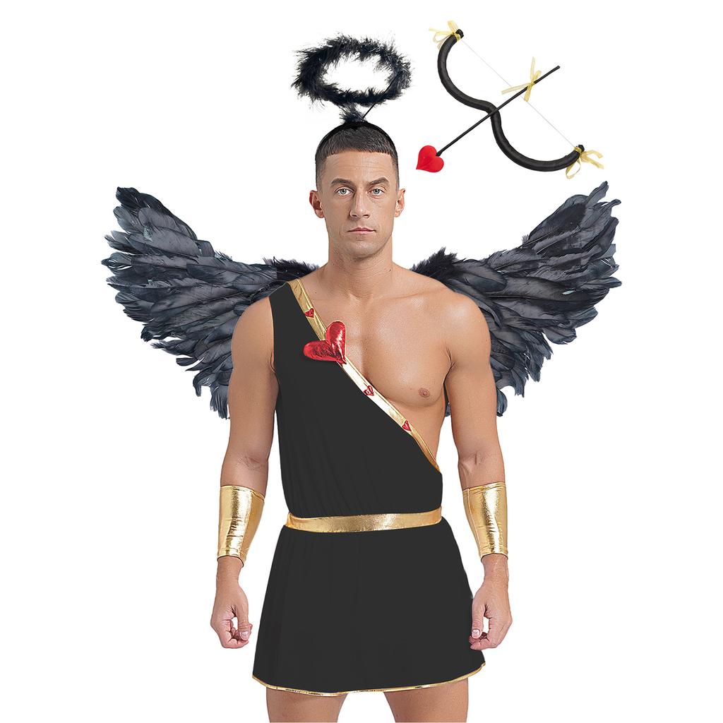 Mens Cupid Costume Set Romper Jumpsuit Detachable Sleeves Feather Angel Wings Headwear M Shaped Bow Heart Arrow