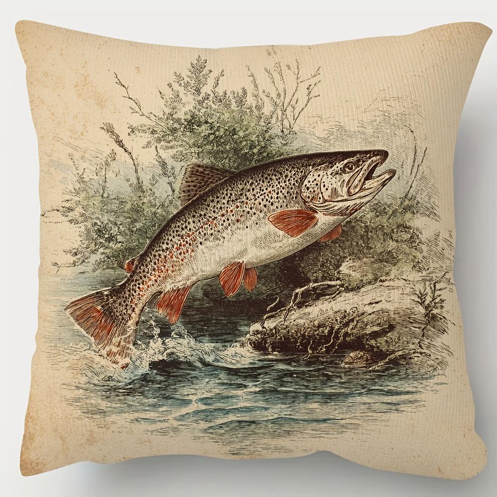 Pc Kurzer Plüsch Dekorative Kissenhülle Vintage Forellenfisch Illustration Einseitiger Druck x für Sofa Wohnzimmer B
