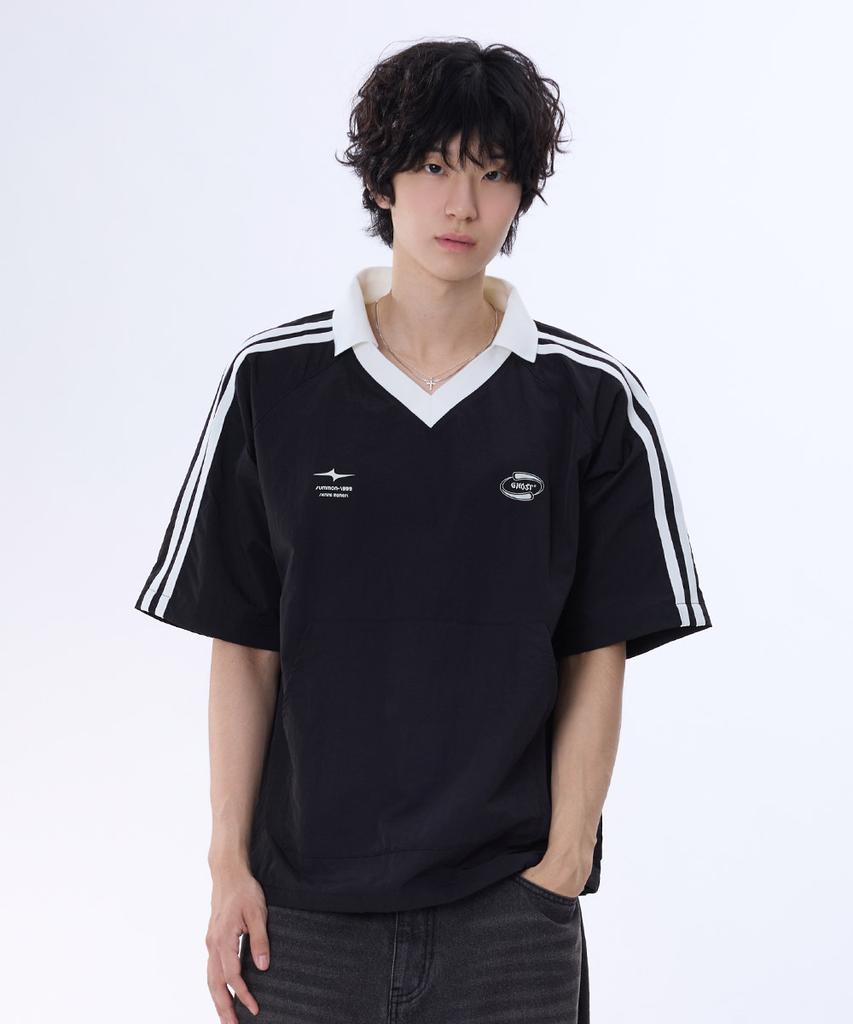 GHOST REPUBLIC Rugby Collar Raglan Track Taslan Short Sleeve Tee Gt-377_Black