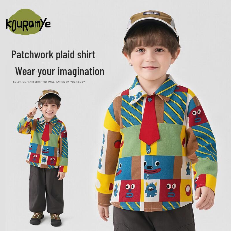 Boys  Colorful Plaid Tie Long-Sleeve Shirt 130