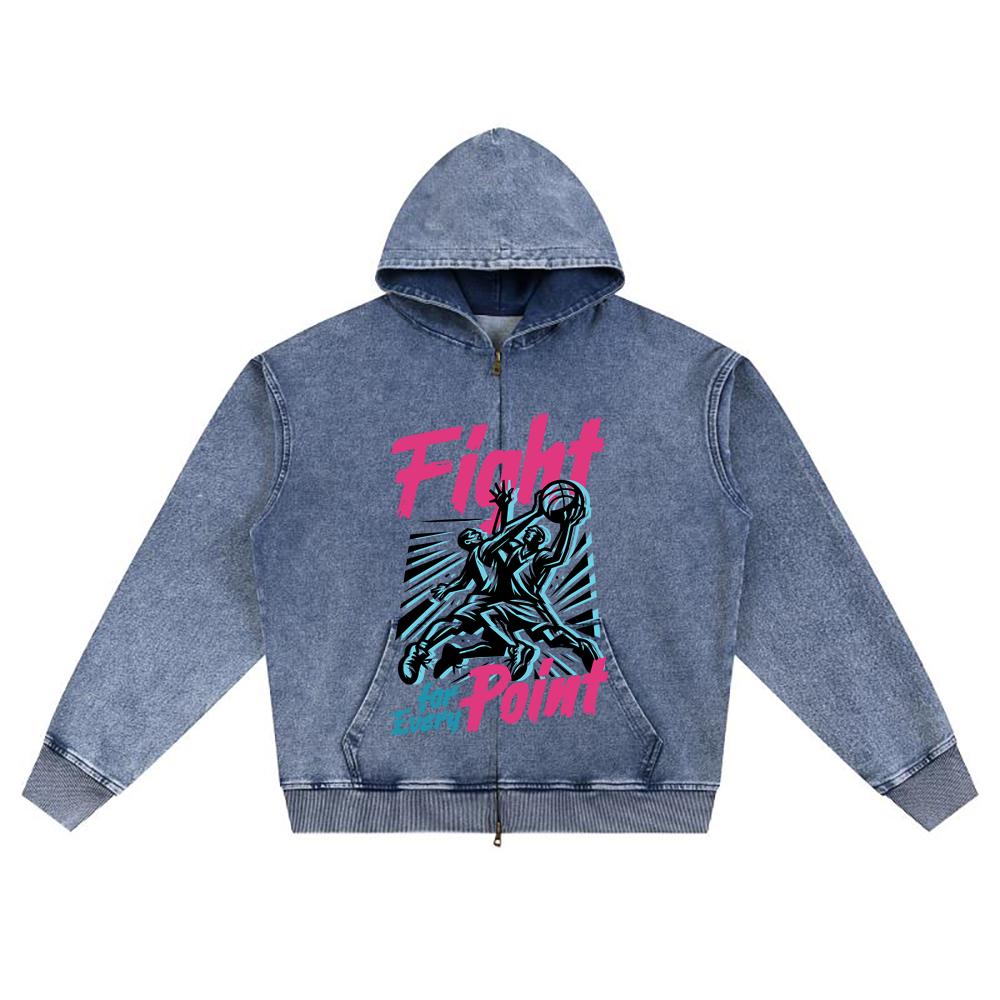 DTG print Knitted Denim Zip-Up Hoodie Fight Ball T Shirt Brother Print Zipper Hoodies
