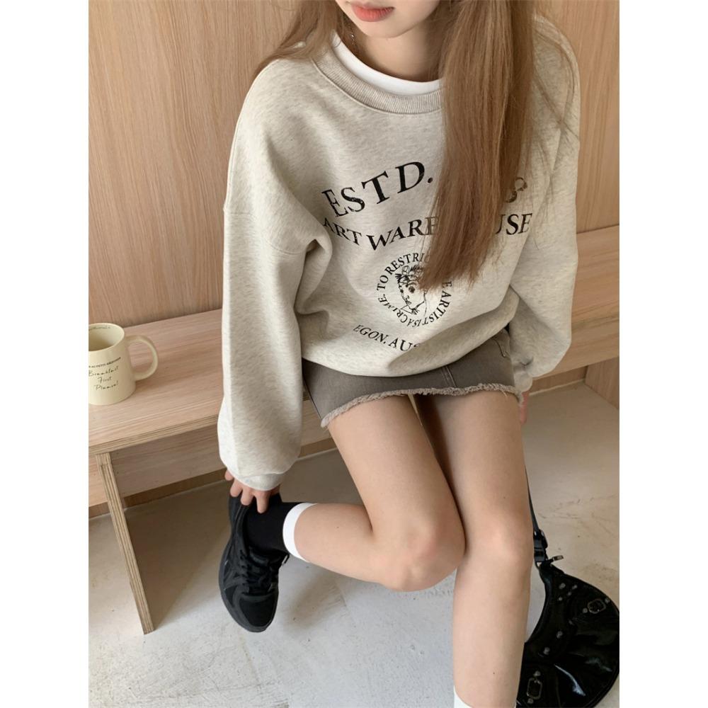 American Loose White Gray Printed Round Neck New Hoodie for Women with Thick Velvet Top