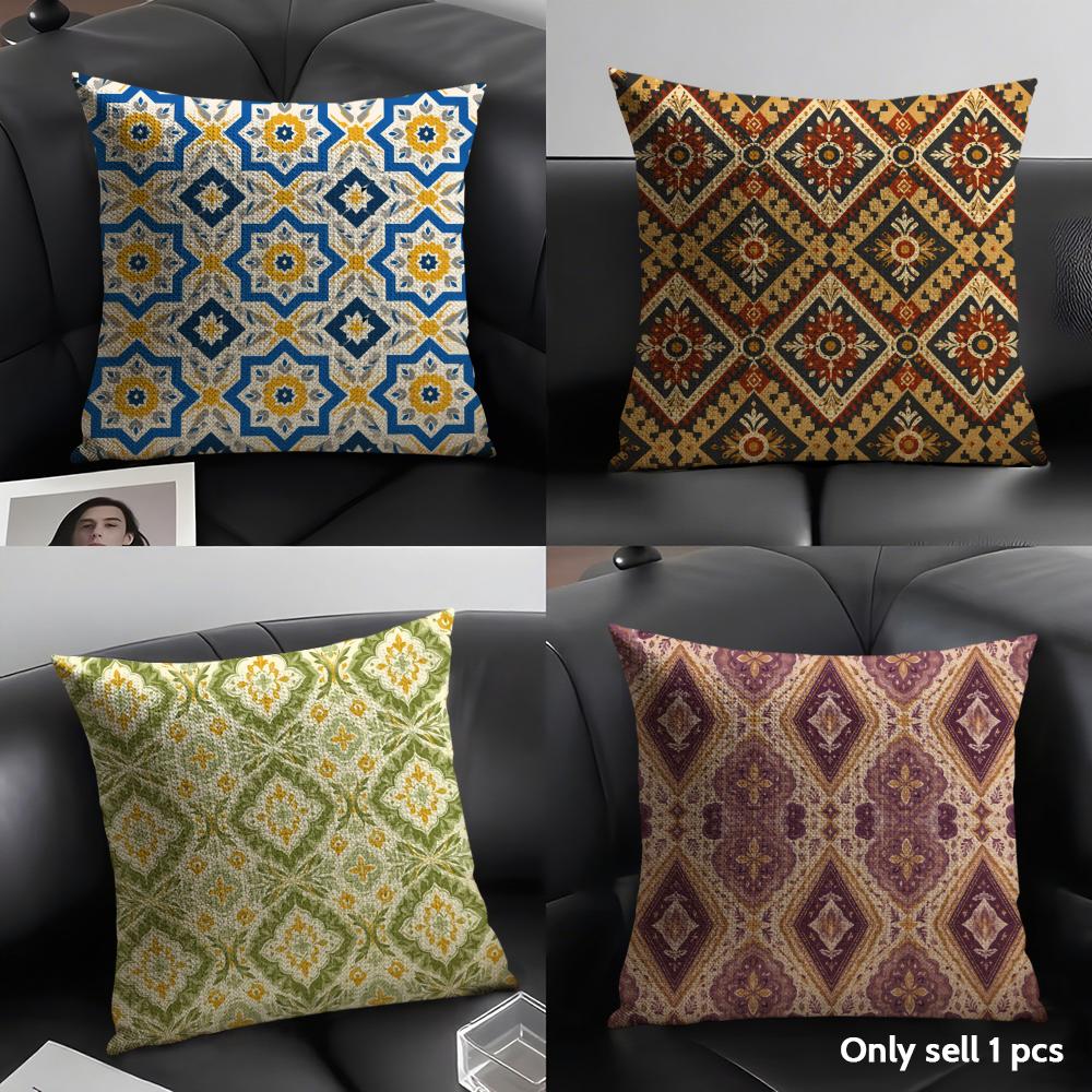 Bohemian Tile Print Cushion Cover Durable Hypoallergenic Organic Linen Short Pillow Cover Washable