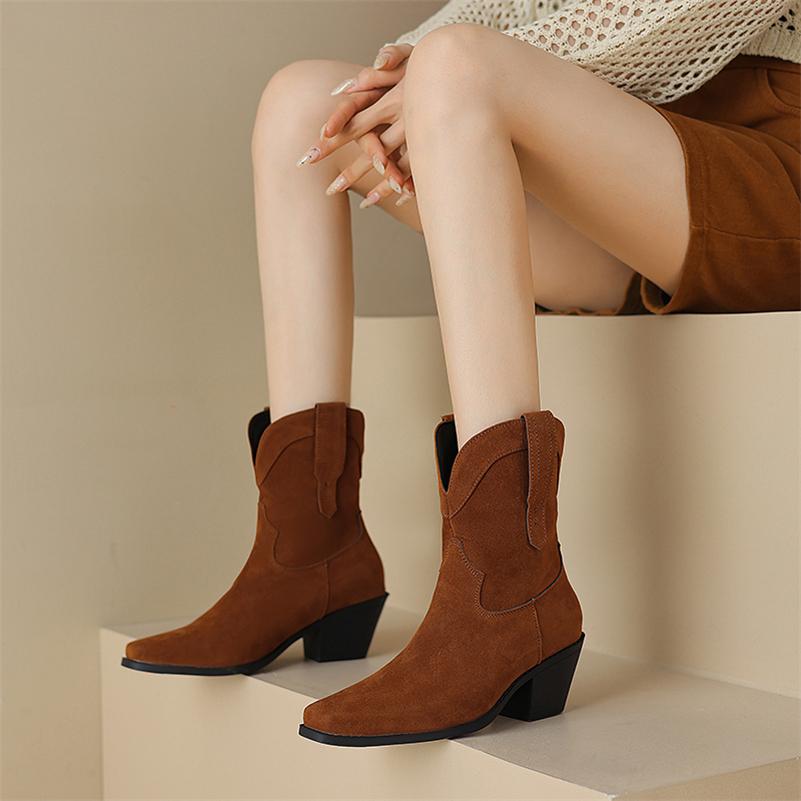 FOREADA Women Ankle Cowgirl Boots Square Toe Thick High Heels Western Boots Concise Cowboy Short Boots Ladies Fashion Shoes Autumn Winter