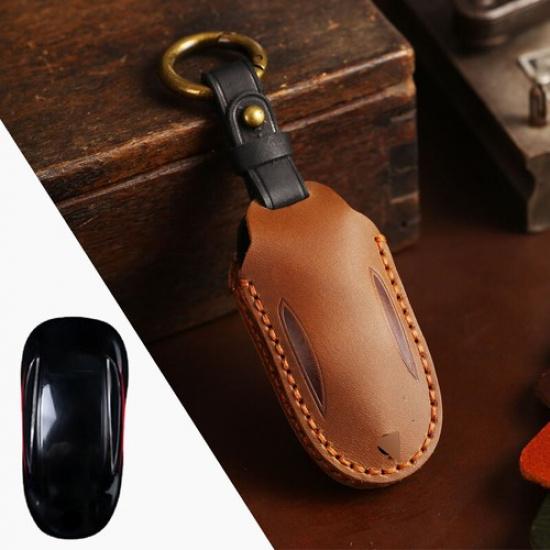 Genuine Leather Car Remote Key Fob Case Cover Shell Holder For Tesla Model X