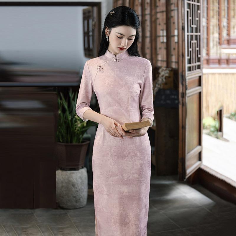 Pink national style Chinese long autumn long-sleeved cheongsam improved young women's retro slim waist spring and autumn