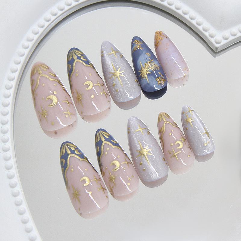 Three-dimensional star and moon smudge wave French streamer cat's eye removable manicure 24 pieces press on nails