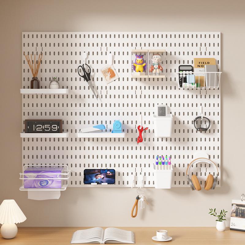 No-Drill Wall-Mounted Pegboard: Customizable Storage Hooks & Baskets Display for Home or Study Room.