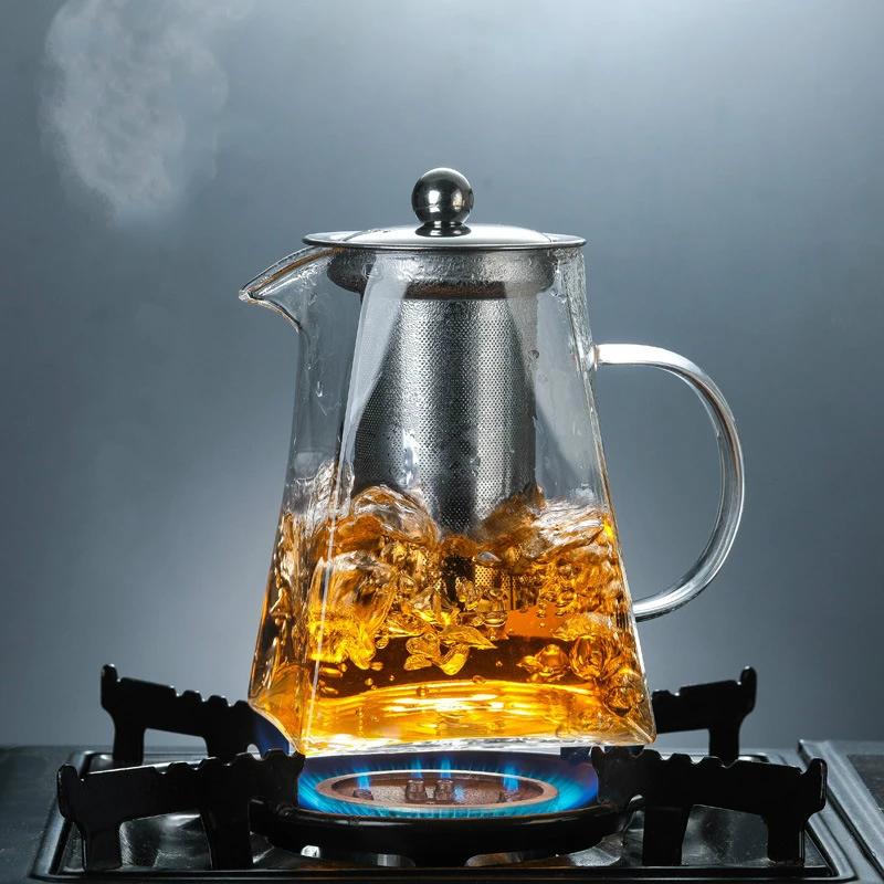 Heat-Resistant Glass Teapot, with Stainless Steel Filter Baskets, Clear Kettle, Brewing Tea Pot, Heatable Pitcher, Jug, Square