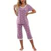 Women'S Casual Star Print Pajama Set - V-Neck Short Sleeve Top & Shorts with Pockets, Polyester Blend, Perfect for Spring/Summer,Relaxed Fit Pajamas