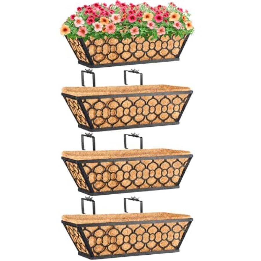 

4 Pack 16 Inch Window Boxes Planters with Coco Liner Metal Deck Railing Planter Boxes Balcony Planters Railing Hanging Horse Tr United States