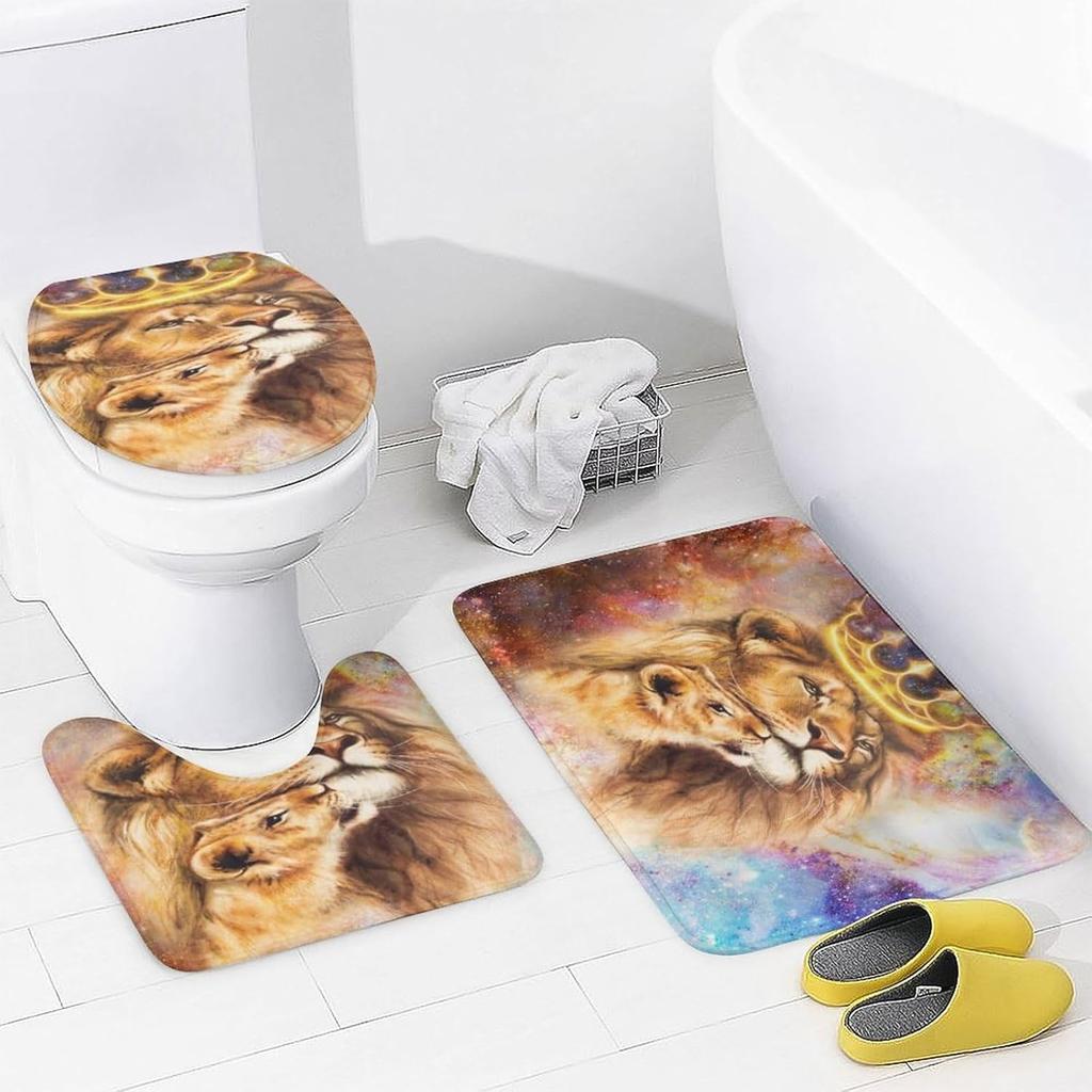 Rustic African Lion 4 Pcs Waterproof Shower Curtain Set,Summer Tropical Jungle Wildlife Lion Father and Son with Waterproof Toilet Cover Shower Mat