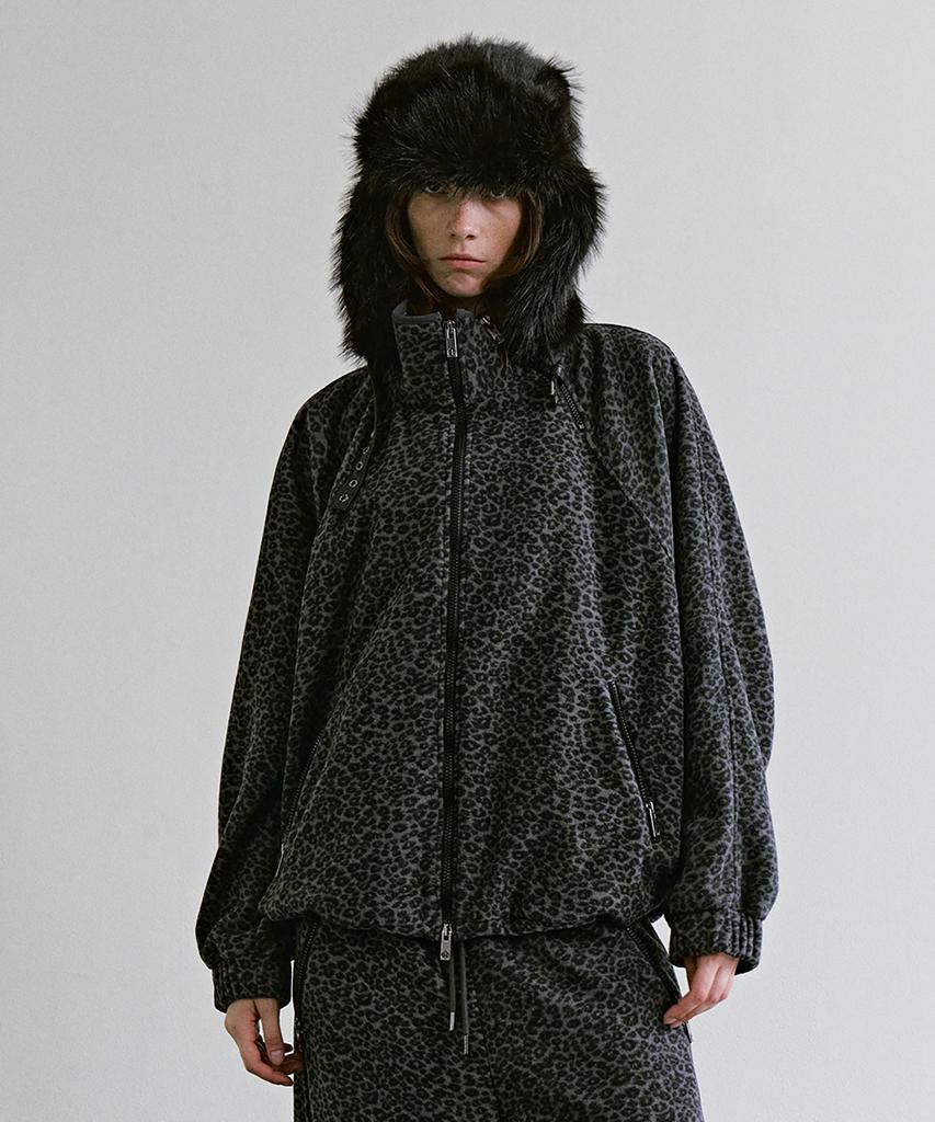 TREEMINGBIRD Leopard Fleece Set-Up Jacket [Charcoal]