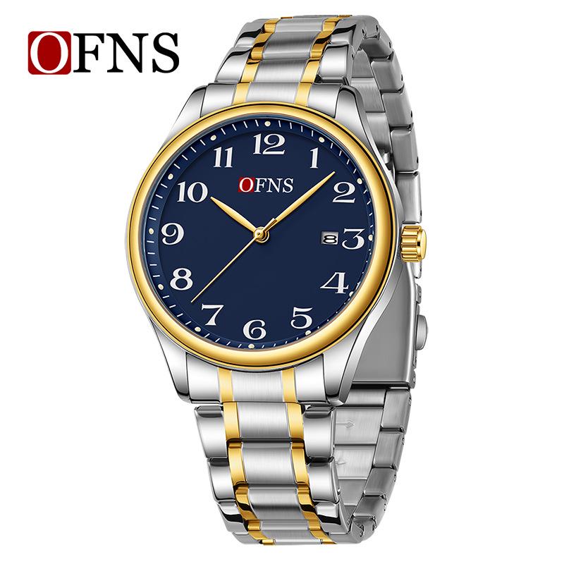 OFNS Couple's Wristwatch - Waterproof, Luminous, Quartz Watch with Steel or Leather Strap, Calendar Feature, for Casual or Business.