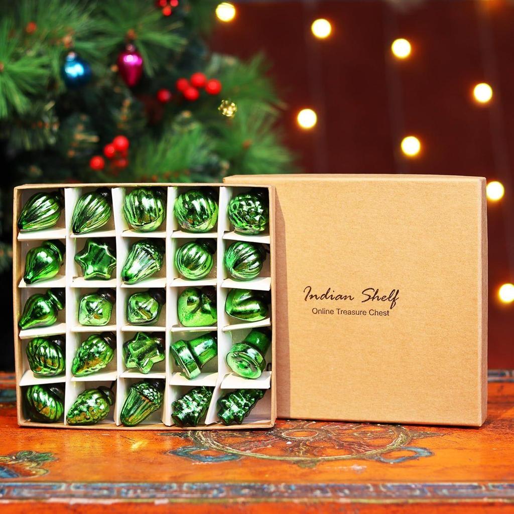 25 Stück Silber & Grün Glas Vintage Weihnachtsornamente Mini Bulk Quecksilber Dekorative Ornamente X mas Kugeln für Halloween, Weihnachtsbaum