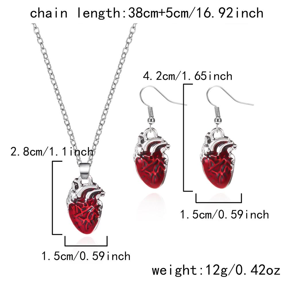 Fashionable Imitation Bloody Heart Pendant Necklace for Women Girls Gothic Red Heart Drop Earrings Halloween Party Jewelry Set